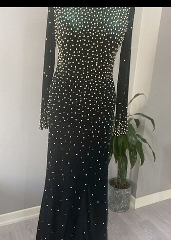 İnci Detaylı zümrüt yeşili Uzun Abiye Elbise - Görsel 2