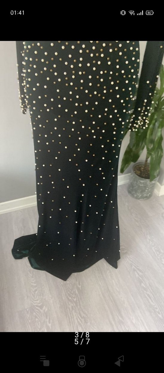 İnci Detaylı zümrüt yeşili Uzun Abiye Elbise - Görsel 5