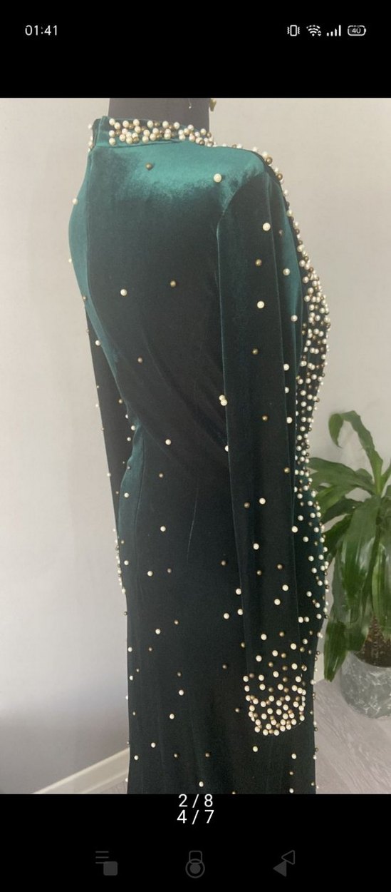 İnci Detaylı zümrüt yeşili Uzun Abiye Elbise - Görsel 4