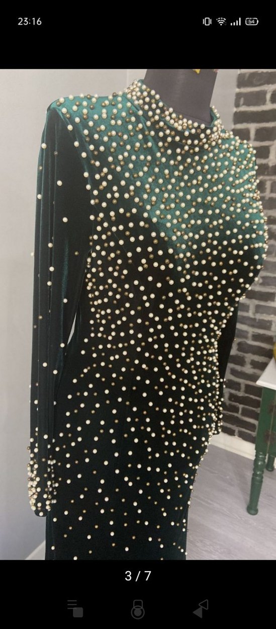 İnci Detaylı zümrüt yeşili Uzun Abiye Elbise - Görsel 3