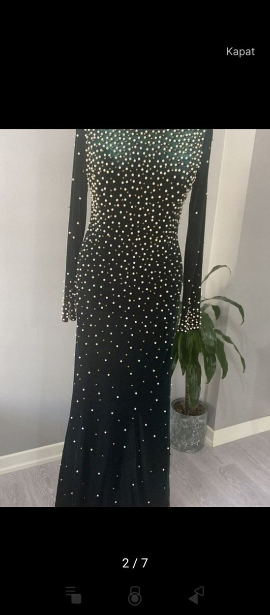 İnci Detaylı zümrüt yeşili Uzun Abiye Elbise - Görsel 2