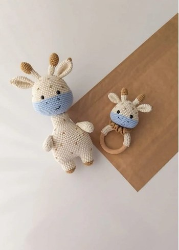 Amigurumi Zürafa Diş Kaşıyıcı ve Çıngırak Seti