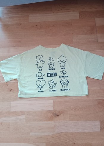 11-12 Yaş Beden beyaz Renk BT21 Baskılı Kız Çocuk Açık Yeşil Tişört