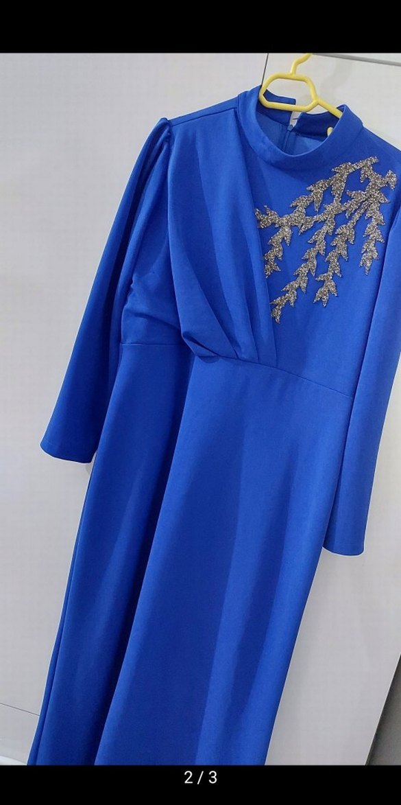 Mavi Uzun Kollu İşlemeli Abiye Elbise - Görsel 2