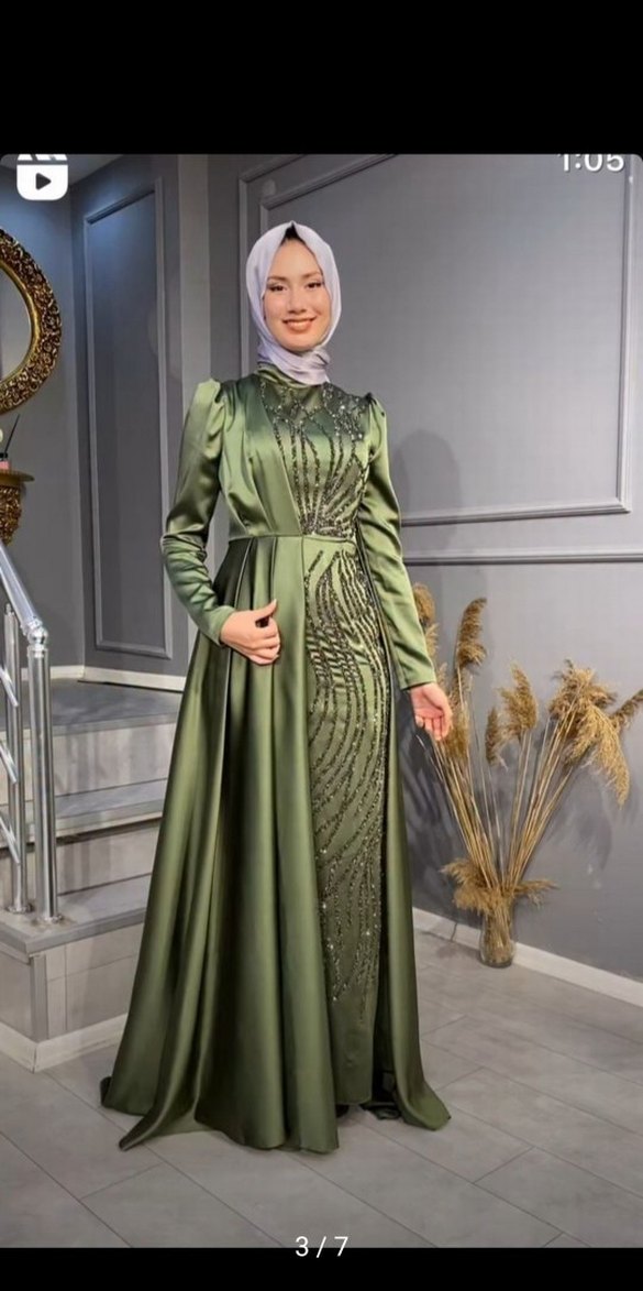 Drapeli Uzun Kol Tesettür Abiye Elbise - Görsel 3