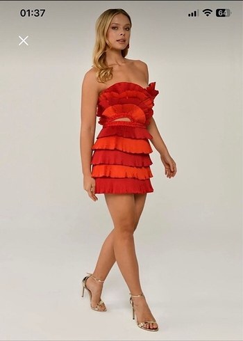 Fırfırlı Straplez Mini Kırmızı Elbise - Görsel 2