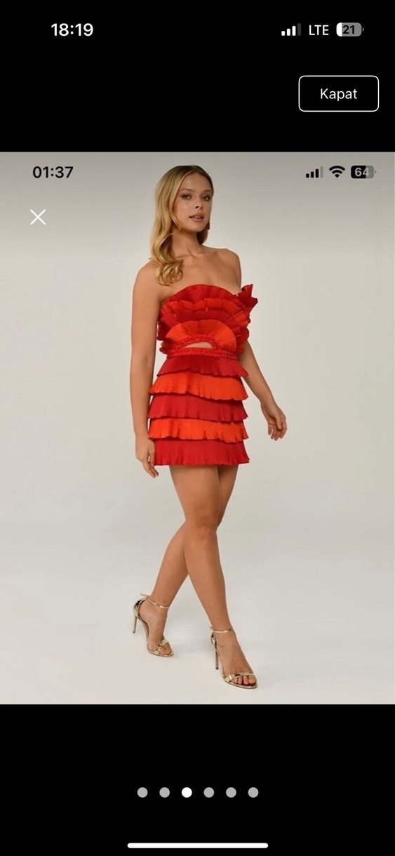 Fırfırlı Straplez Mini Kırmızı Elbise - Görsel 2