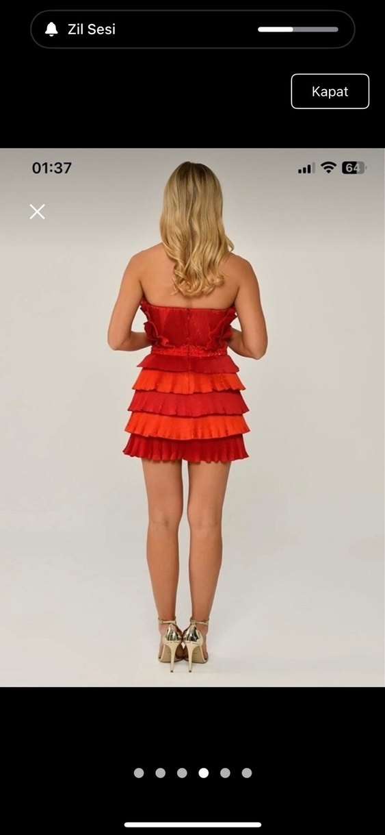 Fırfırlı Straplez Mini Kırmızı Elbise - Görsel 3