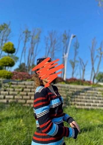 Kadın Çok Renkli Çizgili Boğazlı Triko Kazak