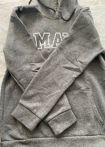 Gri Kapüşonlu Baskılı Kadın Sweatshirt