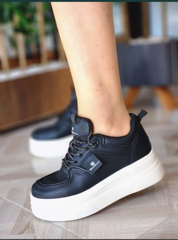 Siyah Platform Topuklu Bağcıklı Kadın Spor Ayakkabı - Görsel 5