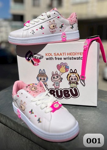 Kız Çocuk Pembe Baskılı Spor Ayakkabı ve Kol Saati Hediyeli - Görsel 2