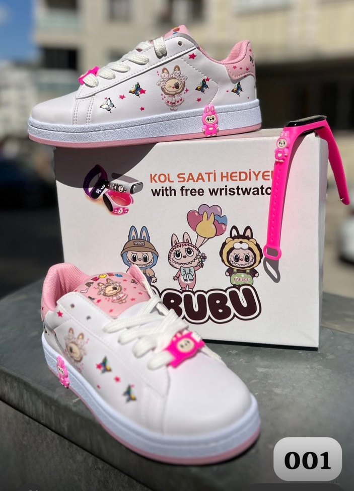 Kız Çocuk Pembe Baskılı Spor Ayakkabı ve Kol Saati Hediyeli - Görsel 2