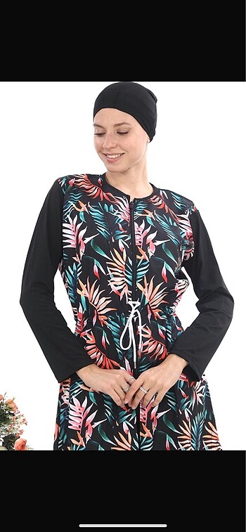 Tropikal yaprak desen su itici paraşüt kumaş tesettür mayo - Görsel 6