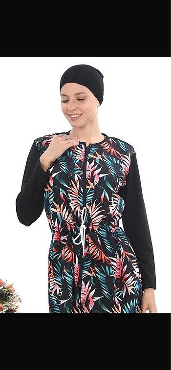 Tropikal yaprak desen su itici paraşüt kumaş tesettür mayo - Görsel 4