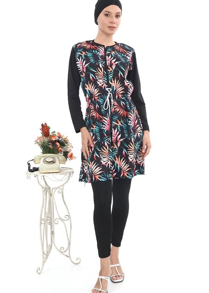 Tropikal yaprak desen su itici paraşüt kumaş tesettür mayo - Görsel 2