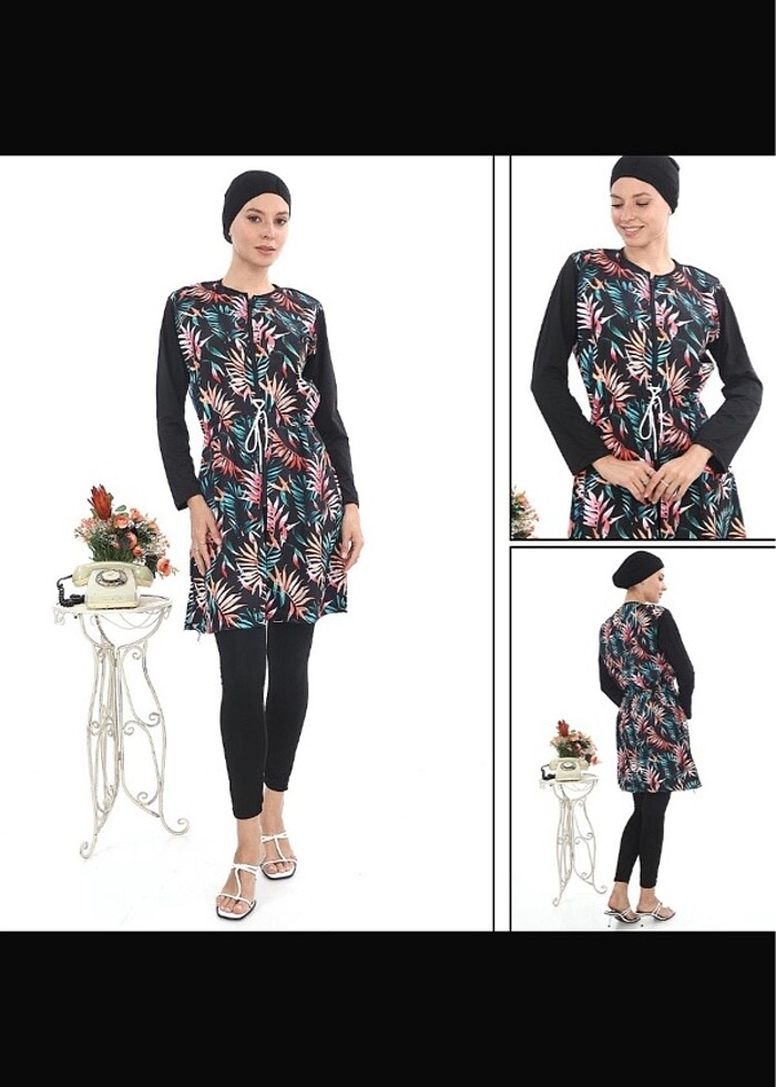 Tropikal yaprak desen su itici paraşüt kumaş tesettür mayo - Görsel 3