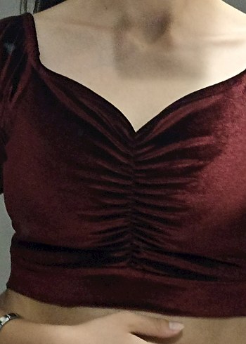 s Beden bordo Renk Bordo V Yaka Uzun Kollu Fırfırlı Kadın Bluz