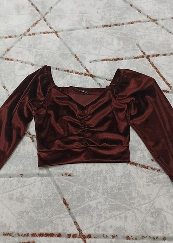 Bordo V Yaka Uzun Kollu Fırfırlı Kadın Bluz