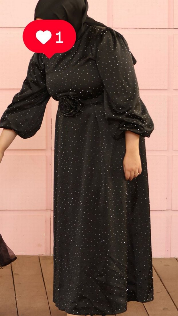 Siyah Puantiyeli Uzun Kollu Uzun Elbise - Görsel 2