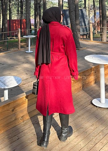 Kemerli Kırmızı Kadın Kaban - Görsel 3