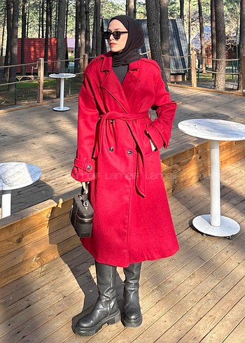 Kemerli Kırmızı Kadın Kaban - Görsel 4