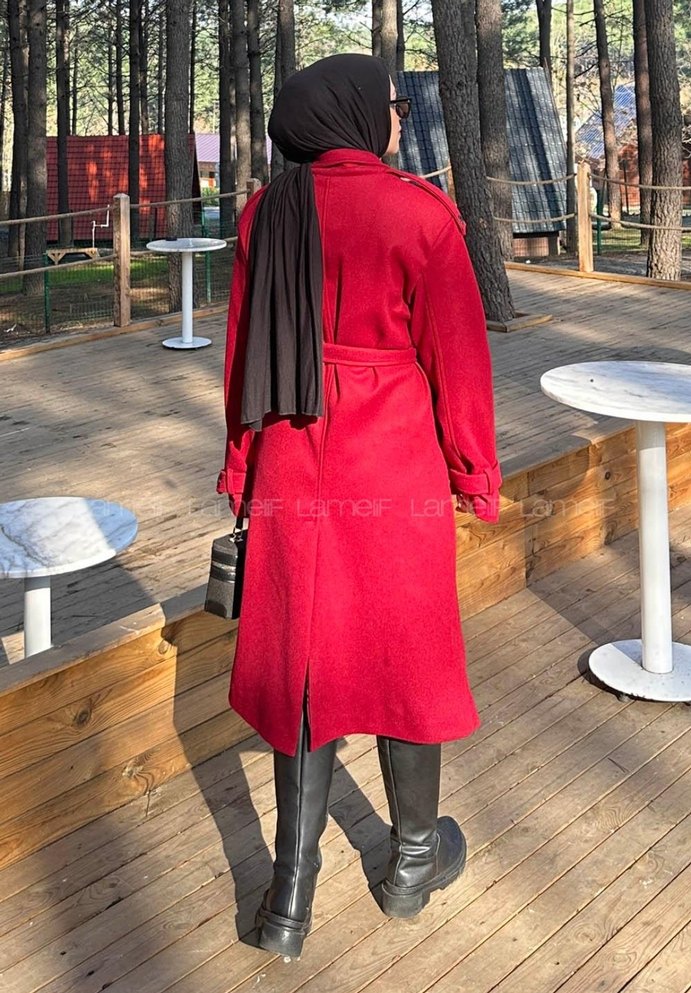 Kemerli Kırmızı Kadın Kaban - Görsel 3