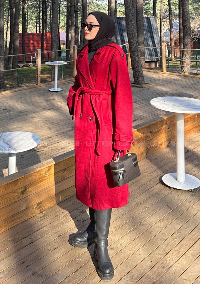 Kemerli Kırmızı Kadın Kaban - Görsel 2