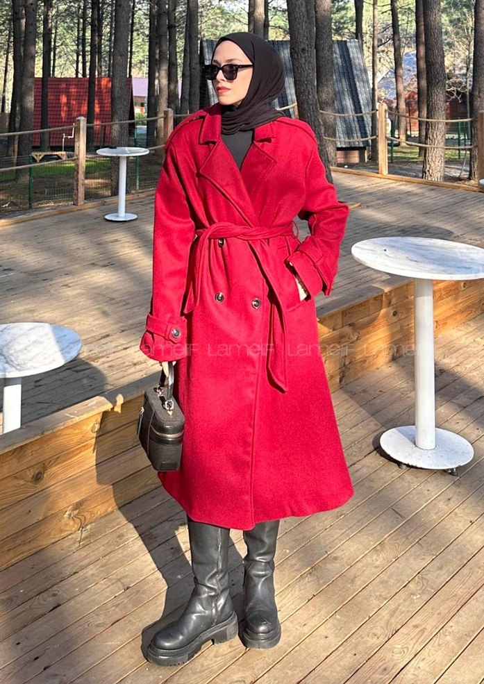 Kemerli Kırmızı Kadın Kaban - Görsel 4