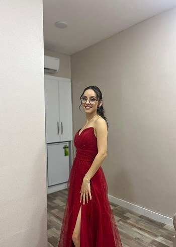 xs Beden Kırmızı Straplez Uzun Abiye Elbise