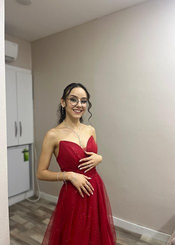 Abiye Kırmızı Straplez Uzun Abiye Elbise