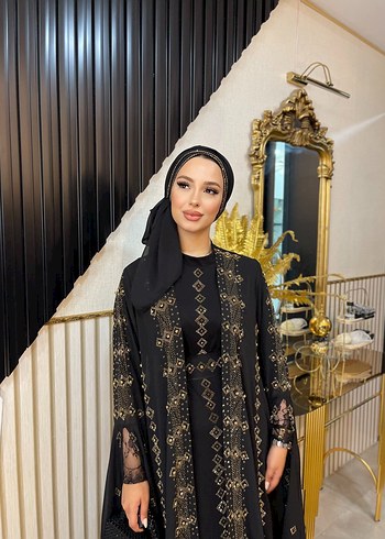 Gold Taş İşlemeli Şifon Emirati Abaya Takımı
