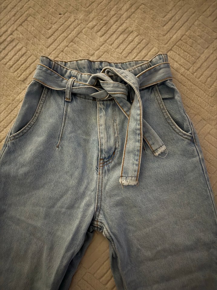 Kadın Mavi Denim Kemerli Bol Kesim Pantolon - Görsel 2