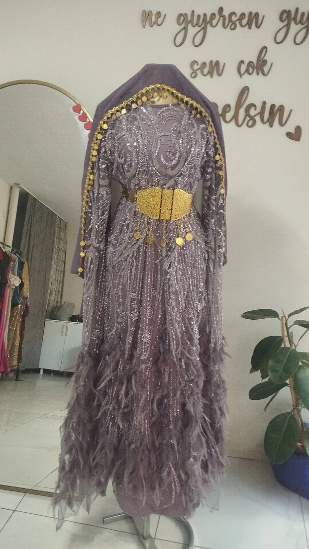 Mor Nakışlı Uzun Bohem Kadın Kına Elbisesi - Görsel 2