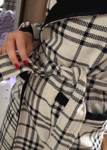 Kemerli Ekoseli Uzun Kadın Kaban - Görsel 4