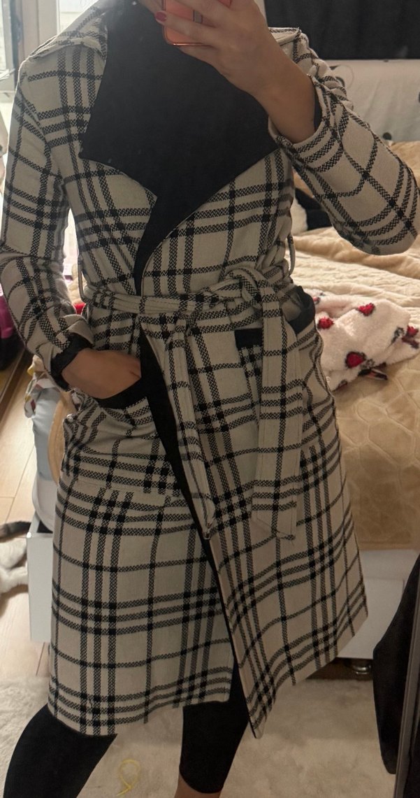 Kemerli Ekoseli Uzun Kadın Kaban - Görsel 2