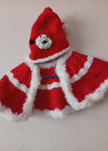 Kız Çocuk Kırmızı beyaz Örgü Pelerin ve bere - Görsel 8