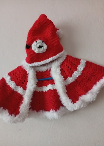 Kız Çocuk Kırmızı beyaz Örgü Pelerin ve bere - Görsel 2