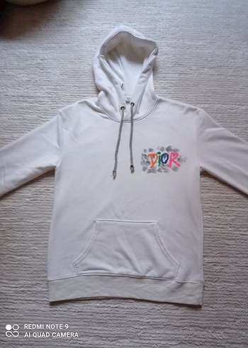Renkli Baskılı Beyaz Kapüşonlu Sweatshirt