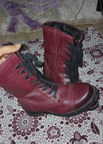 Bordo Deri Bağcıklı Topuklu Kadın Bot