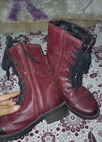 38 Beden Bordo Deri Bağcıklı Topuklu Kadın Bot