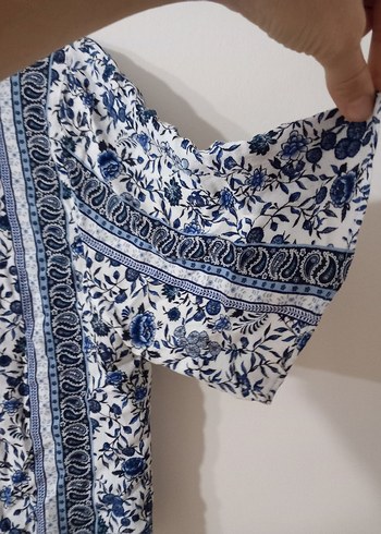 42 Beden mavi Renk Bohem Kısa Kollu Düğmeli V Yaka Bluz