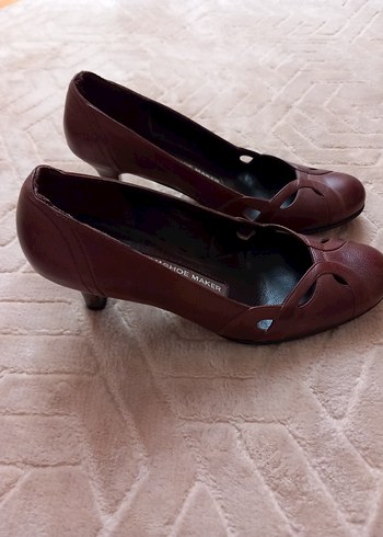 Kahverengi Deri Stiletto Kadın Klasik Ayakkabı - Görsel 3