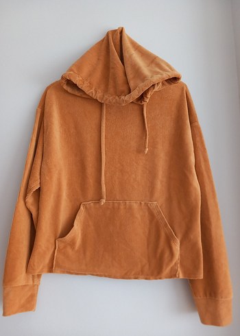 Kadın Hardal Sarısı  Kadife Kapüşonlu Sweatshirt - Görsel 2