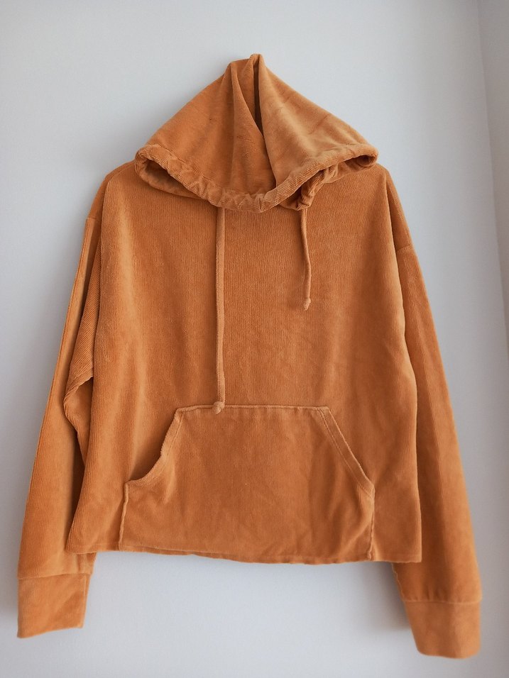 Kadın Hardal Sarısı  Kadife Kapüşonlu Sweatshirt - Görsel 2