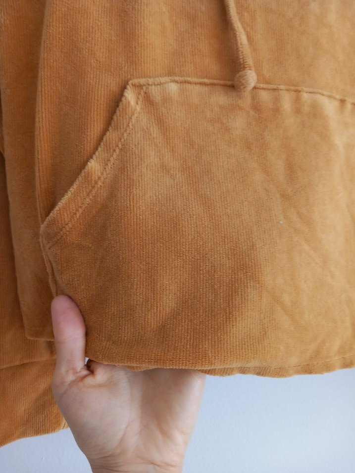 Kadın Hardal Sarısı  Kadife Kapüşonlu Sweatshirt - Görsel 3