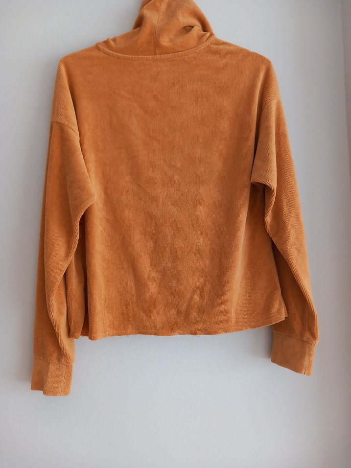 Kadın Hardal Sarısı  Kadife Kapüşonlu Sweatshirt - Görsel 5