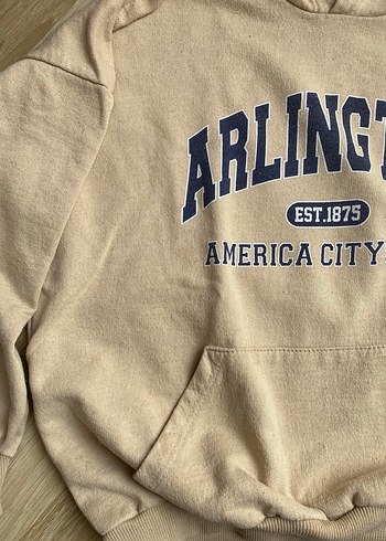 Bej Kapüşonlu Baskılı Oversize Sweatshirt - Görsel 2