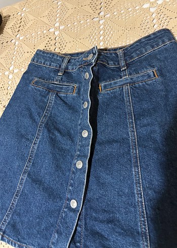 Düğmeli Koyu Mavi Denim Midi Etek - Görsel 2