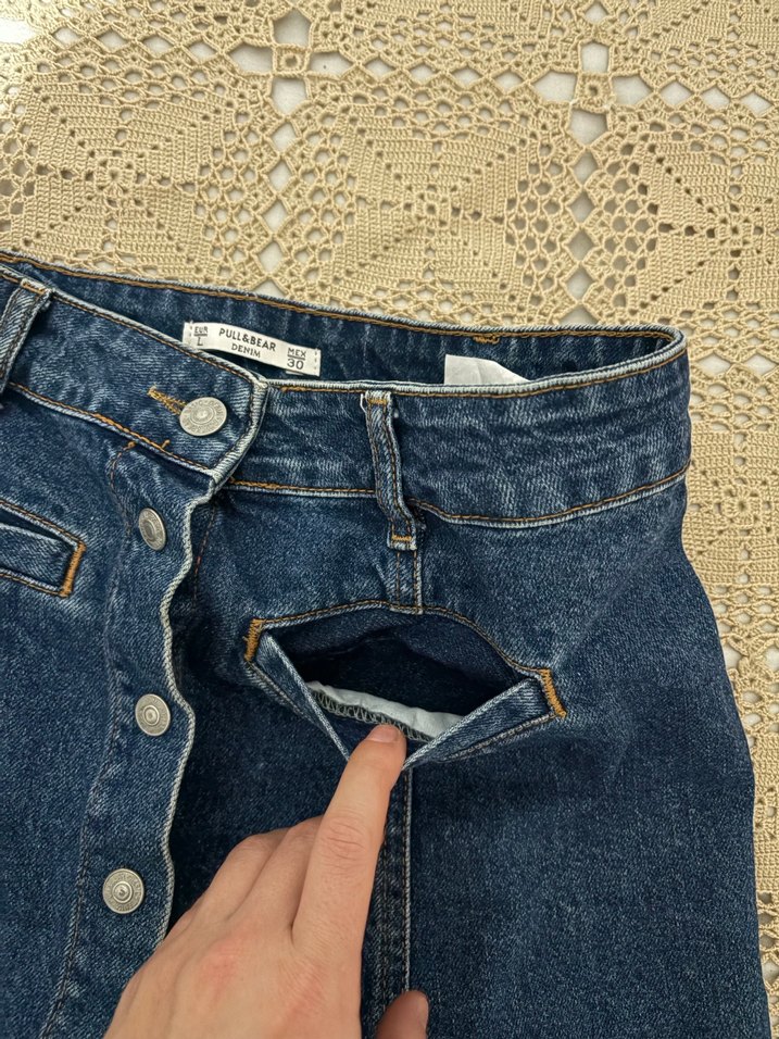 Düğmeli Koyu Mavi Denim Midi Etek - Görsel 4